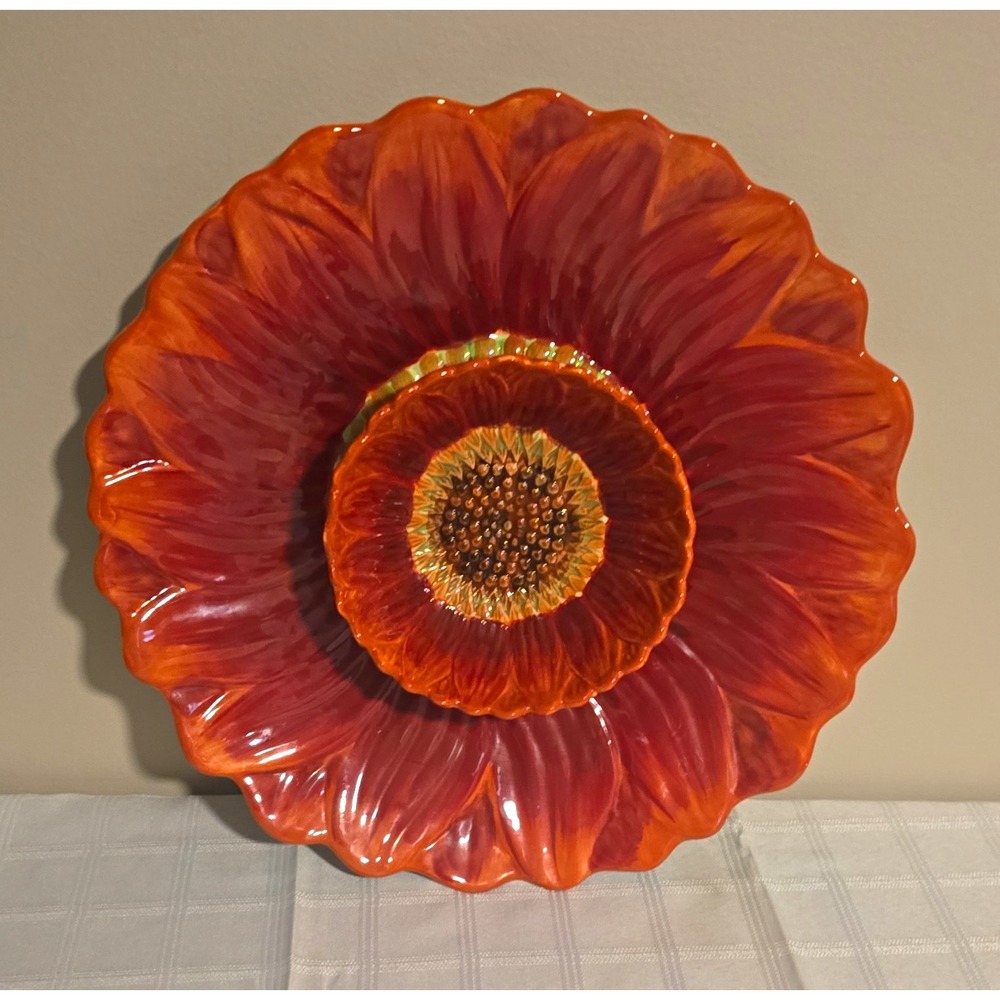 Poppy Point by Maxcera 14 in Round Ceramic Sunflower Floral Platter Glossy